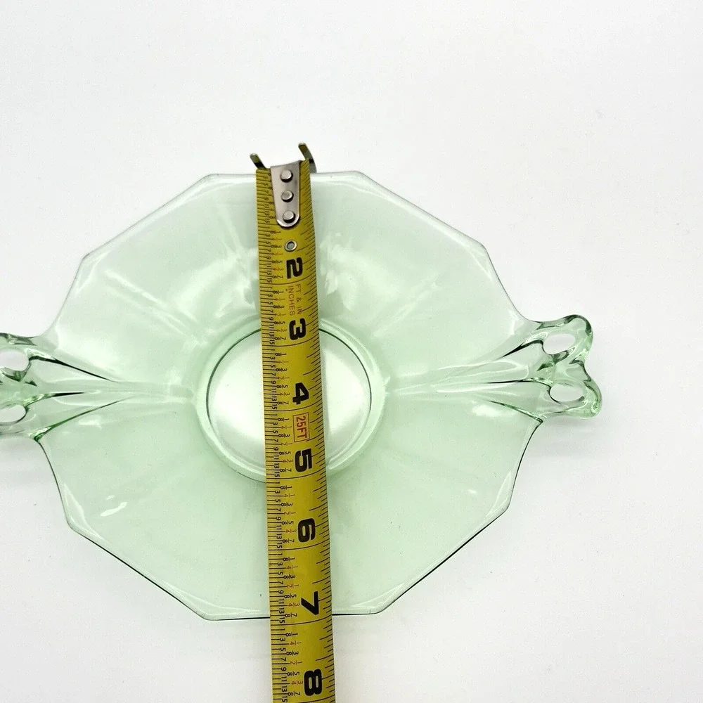 Vtg Fostoria Uranium Glass Small Tray Fairfax Green Bow Handle Serving Plate 7" - Picture 5 of 6